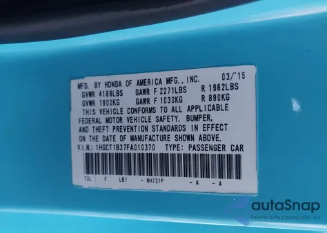 2015 Honda Accord Lx-S z USA, uszkodzony, nr VIN 1HGCT1B37FA010370